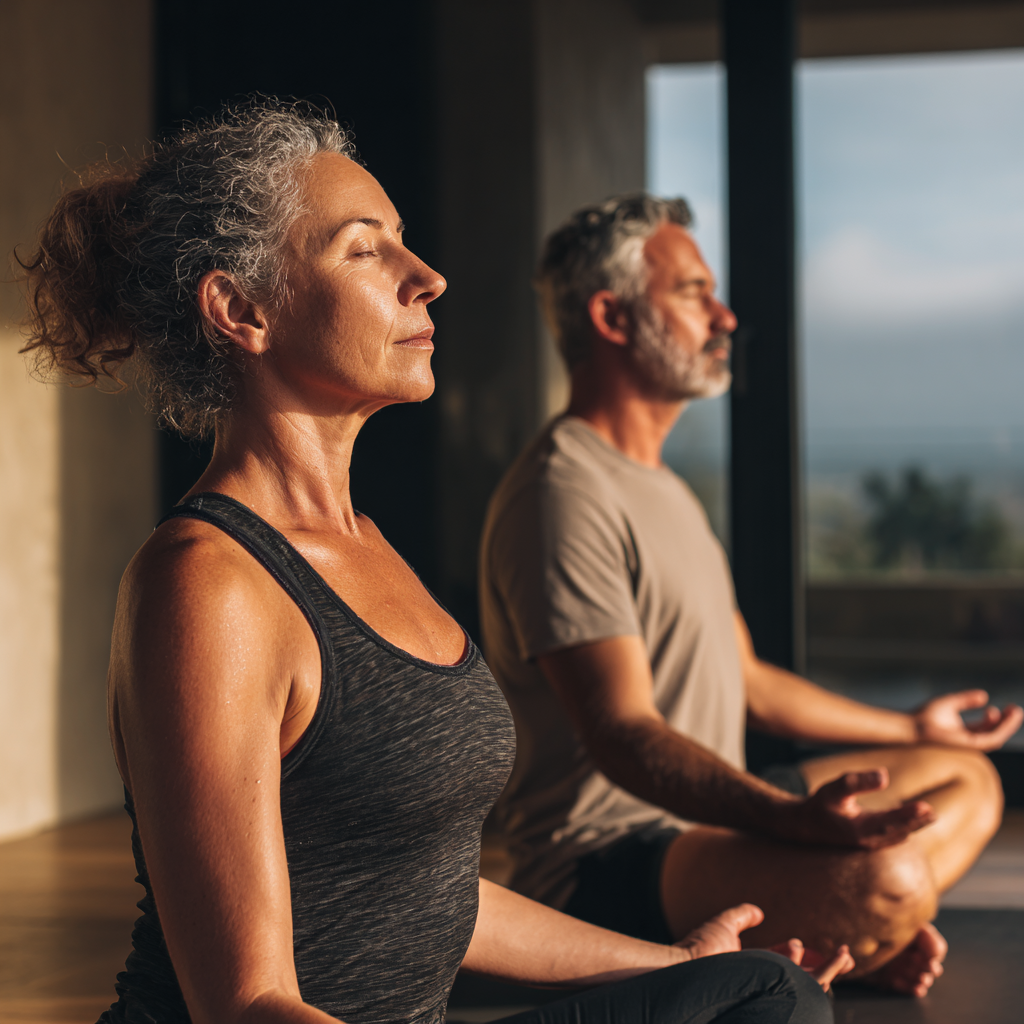 Middle-aged adults practicing gentle yoga stretches in serene natural light