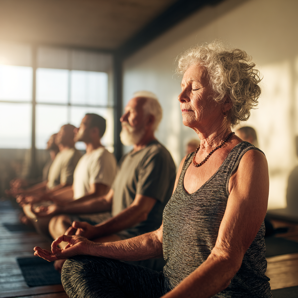 Older adults in peaceful meditation session with natural lighting